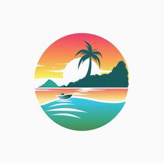 Obraz premium Logo with sea, beach, palm tree and sun on a white background, simple and flat design.