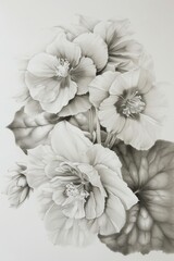 Detailed monochrome artwork featuring a cluster of fully bloomed flowers and intricate shading