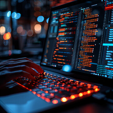 Intricate view of coding on a bright display with the glow of a red backlit keyboard in a dark room