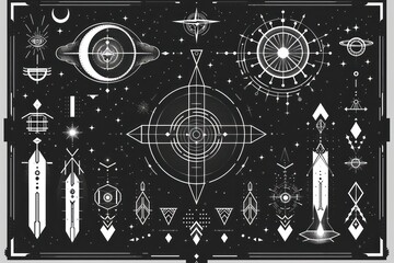 Obraz premium celestial graphic elements with geometric symbols, shapes and patterns on a black background