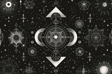 celestial graphic elements with geometric symbols, shapes and patterns on a black background