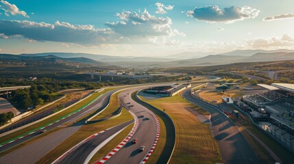 Obraz premium A majestic drone shot capturing the vastness of a racing circuit surrounded by picturesque scenery, with cars racing through nature's playground.