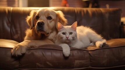 Cat and dog together on the sofa.