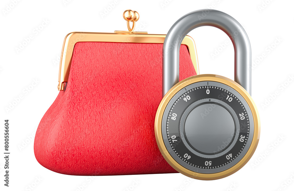 Poster coin purse with padlock, protect concept. 3d rendering isolated on transparent background