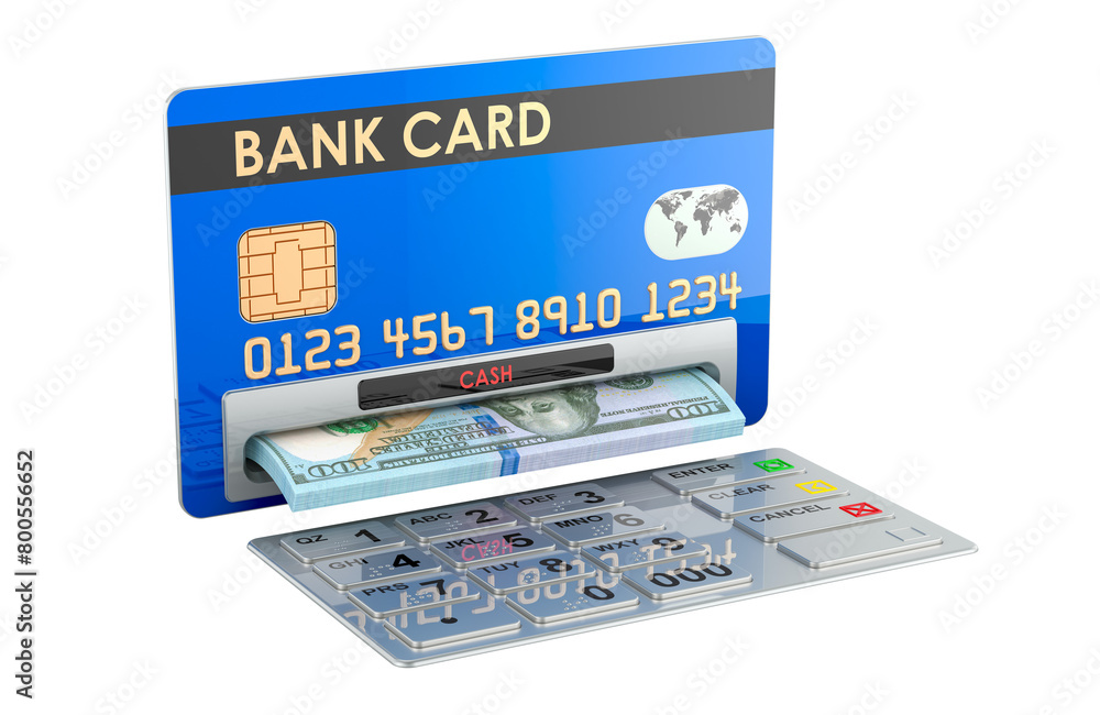 Poster credit card as atm machine with dollars. withdrawing dollar banknotes, 3d rendering isolated on tran