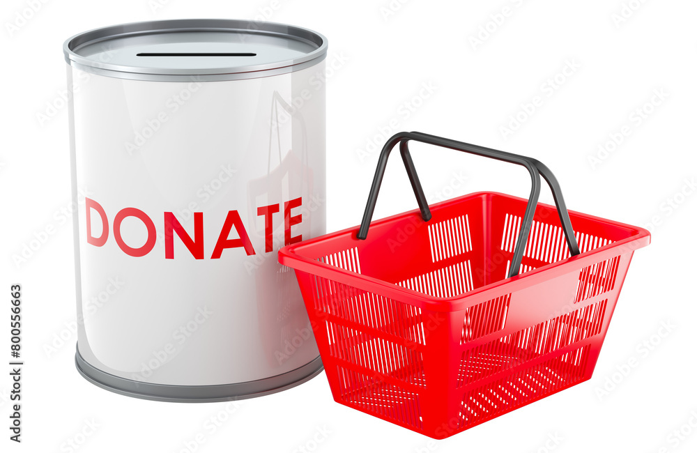 Poster donation can with shopping basket, 3d rendering isolated on transparent background