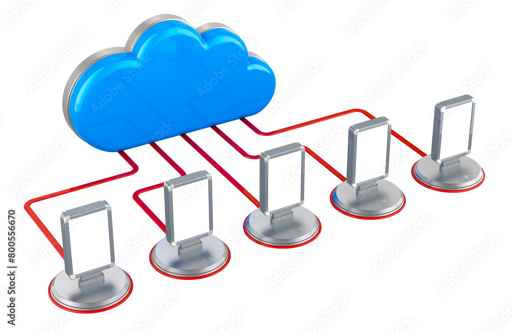 Poster outdoor light boxes connected with computer cloud, control of advertisement billboards. 3d rendering