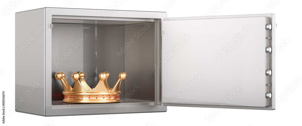 Poster golden crown inside safe box with combination lock, 3d rendering isolated on transparent background