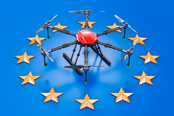 Drone on the EU flag. Rules for drone use in the European Union, concept. 3D rendering
