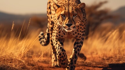 Cheetah stalking fro prey on savanna.