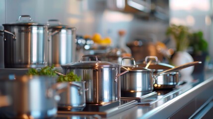 A modern kitchen adorned with sleek stainless steel pots and pans, ready to inspire culinary creativity.
