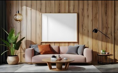 Frame mockup, ISO wide frame. luxury Living room wall poster mockup. Interior mockup with house background. Modern interior design. 3D render	