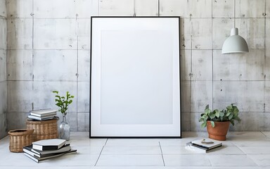 Single vertical ISO A1 frame mockup, mockup poster on the floor of living room. Interior mockup. Apartment background. Modern interior design. 3D render, photo, 3d render	