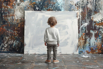 A child staring at a blank canvas, waiting for inspiration 