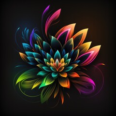 a closeup abstract flower with glowing petals and a dark,abstract background, neon-inspired design of a colorful