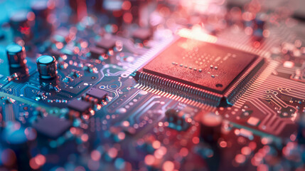 Close-Up in Vivid Detail.  Macro shot of a microchip with intense blue and red lighting, highlighting the intricate circuitry and advanced technology.