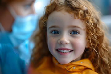 Joyful Dental Visit. A cheerful young girl with curly red hair smiles brightly during a dental visit, showcasing her sparkling eyes and the friendly, reassuring presence of her dentist in the back.