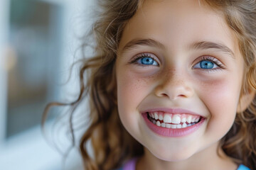 Joyful Child with a Bright Smile. Close-up portrait of a girl with curly hair, featuring her radiant smile and sparkling blue eyes, showcasing the joy of childhood in a soft, natural light setting.