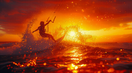 An exhilarating scene of a kite surfer caught mid-jump against a vivid sunset sky. The ocean sparkles with reflections of orange and red, mirroring the fiery clouds above, creating a dynamic stunning.