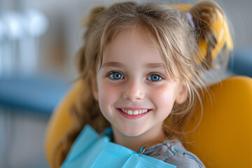 Bright Smile at the Dentist. A young girl with blonde hair and beautiful blue eyes smiles happily during her dental check-up, sitting in a yellow dental chair,  the pediatric dental care.