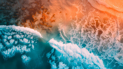 A breathtaking aerial view of frothy ocean waves, seamlessly blended with the vibrant colours of sunset. Golden-orange hues blend with the deep colour of the sea, creating a contrast.