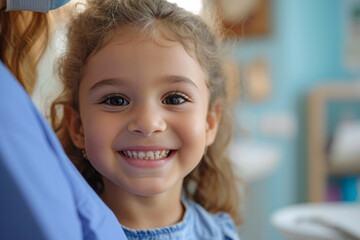 A cheerful little girl with curly hair and shining eyes is excited about a visit to the dentist, showing off her beautiful smile in a blue dental chair, the caring nature of children's dentistry.
