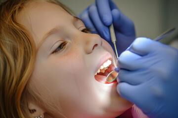 Child's Routine Dental Exam. A young girl undergoing a routine dental examination, showing a relaxed expression as the dentist checks her teeth, highlighting the importance of regular dental care.