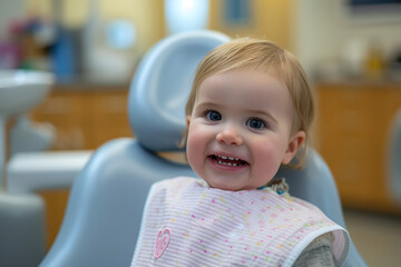 Toddler's First Dental Visit. An adorable toddler beams with a bright smile during her first dental check-up, sitting comfortably in a modern dentist's chair, surrounded by a warmly clinic atmosphere.