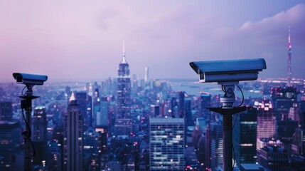 A network of security cameras monitoring a city skyline, ensuring safety and surveillance in urban environments.
