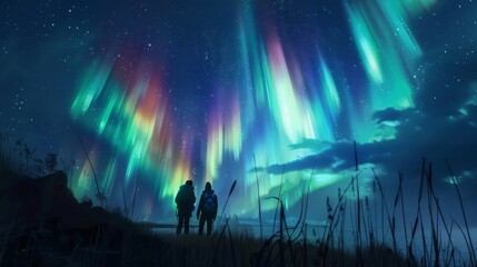 A pair of friends enjoying a night hike beneath the northern lights, their silhouettes framed by the vivid celestial display.