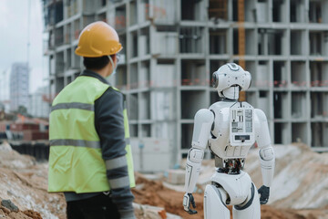 Fototapeta premium A civil engineer and a robot standing together looking at a building site representing the future of construction and cooperation 