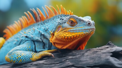 Fototapeta premium close-up of an iguana with a vibrant orange throat and yellow and blue scales perched on a log.