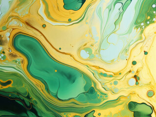 Banner with green and yellow Liquid acrylic fluid abstract background. Backdrop vibrant mixing painting. Art with flows and splashes for interior poster, banner