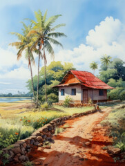Fototapeta premium Watercolor Thailand landscape painting. Illustration of village in light green and beige tones, the sun setting behind house, soft colors, delicate watercolor
