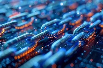 A close up hyper realistic visualization of a digital blockchain network in action 