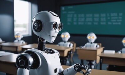 A robot presents in a classroom filled with students and cameras