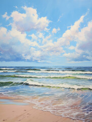 Watercolor Thailand seascape painting. Illustration of  tropical beach with cloudy sky and ocean waves. Blue sea in sunny day. Summer vacation and travel concept.