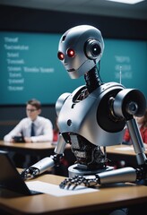 A machine is on a desk in a classroom, as a robot sits next to it
