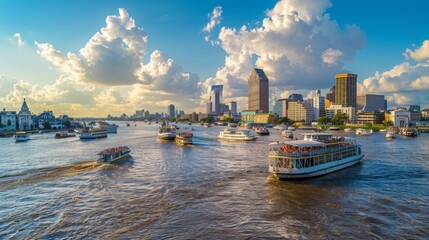 A panoramic view of a bustling riverfront cityscape, boats of all kinds plying the waterways against a backdrop of urban skyline.