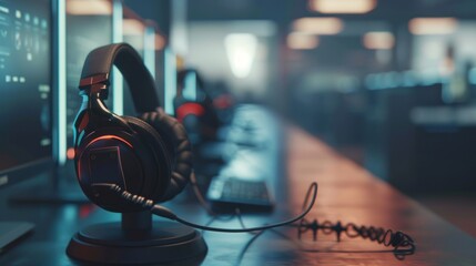 An earphone lies on a table with a blurry background 