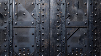 Aged metallic door with a lot of rivets, showcasing a dark and mysterious aesthetic suitable. For electronic music, covers, games, screensaver, illustrations related to historical or fantasy projects