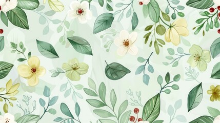 Soft floral pattern with yellow blossoms and green leaves evoking a vintage wallpaper aesthetic