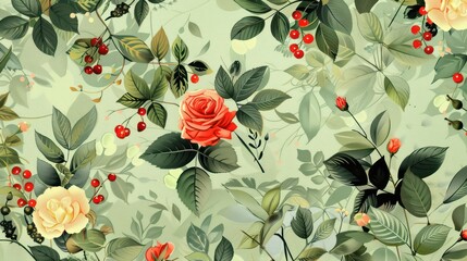 Beautiful vintage pattern featuring a lush arrangement of roses and berries laid over a textured background