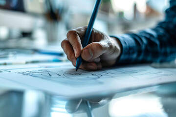 A close-up of a designers hand sketching a new gadget with a stylus on a digital pad  