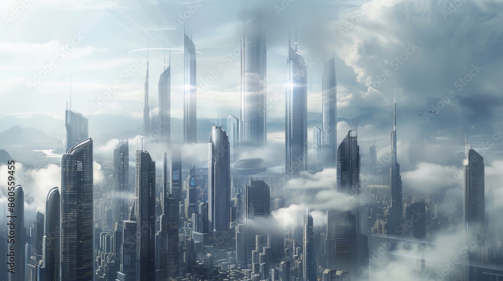 Aufkleber a panoramic view of a futuristic city skyline with towering skyscrapers and state-of-the-art archite