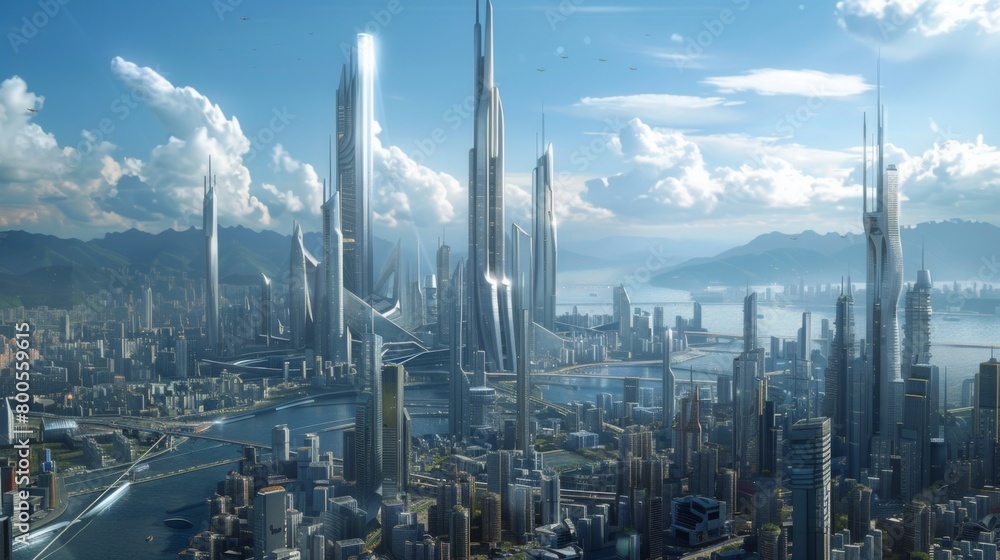 Aufkleber a panoramic view of a futuristic city skyline with towering skyscrapers and state-of-the-art archite