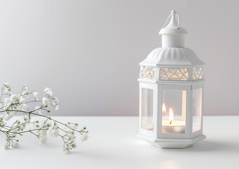 a white lantern with a lit candle inside
