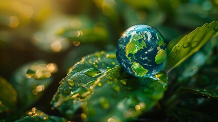 a drop of water in the shape of the planet earth, on a leaf 