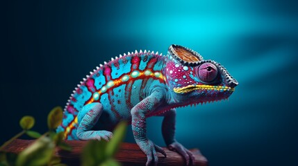 Obraz premium Colorful chameleon on a blue background.