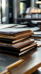 A stack of colorful books neatly arranged on a wooden table in a well-lit room. 